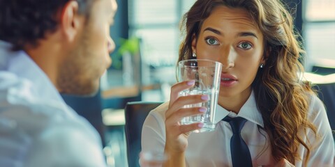 Anxious mixed-race businesswoman drinks water before hiring manager interview. CEO reviews resumes for job openings and office opportunities. Nervous candidate calms down - obrazy, fototapety, plakaty