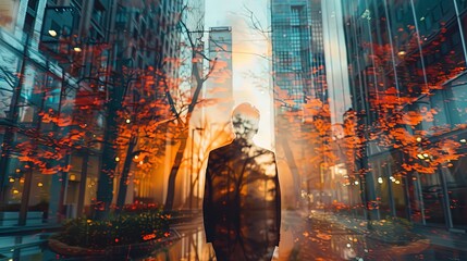 Businessman walking on the city street with skyscrapers with green nature vegetation double exposure overlay