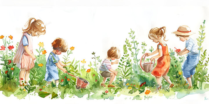 Kids Planting in Garden: Watercolor Art. Children Gardening: Watercolor Painting