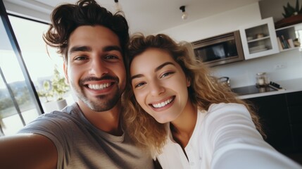 Young happy interracial couple taking a phone selfie at home. Happy mixed-race girlfriend snapping a cellphone photo with her Caucasian partner. Husband and wife enjoying morning time together. - obrazy, fototapety, plakaty