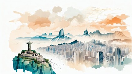 Christ the Redeemer and Rio de Janeiro cityscape double exposure contemporary style minimalist artwork collage illustration. - obrazy, fototapety, plakaty