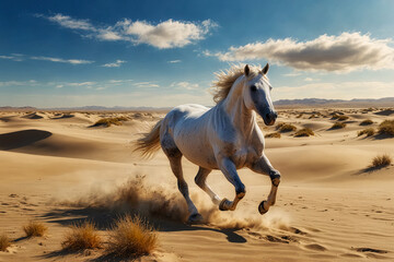 Beautiful white horse gallops in the desert. Generative AI