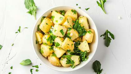 Bowl of tasty Potato Salad with greens on white background