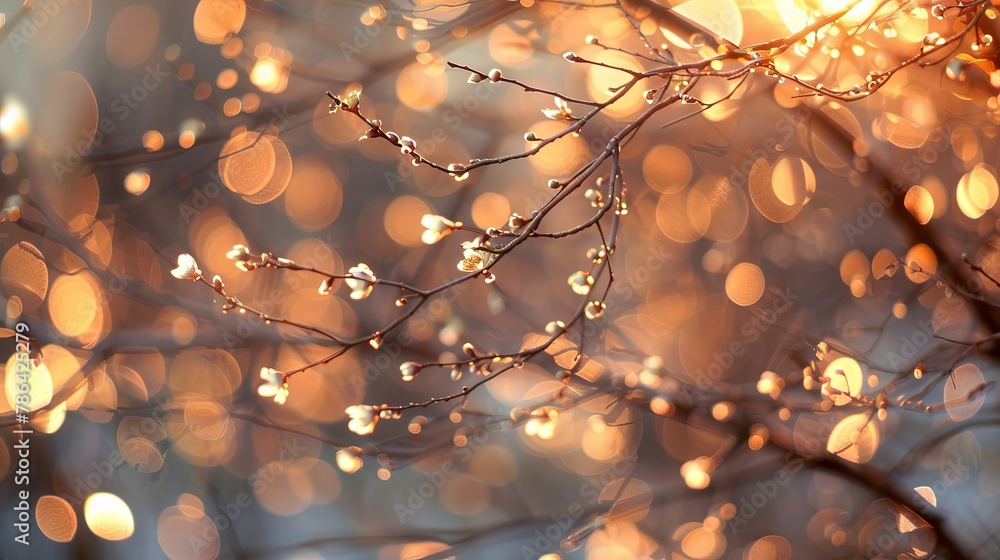 Poster soft focus peach tree branches bokeh pattern with light filtering through the lush foliage
