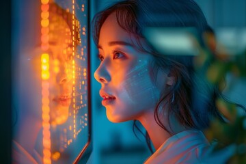 Businesswoman practicing a pitch in front of a smart mirror, receiving AI-driven feedback on performance, in a tech-enabled home office.