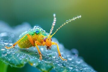 Detailed photo of a lush green insect perched on a wet leaf with droplets of water. Macro bugs world