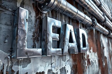 Metallic 3D letters form the word 'lead' against a decaying wall with industrial pipes, creating a strong visual impact