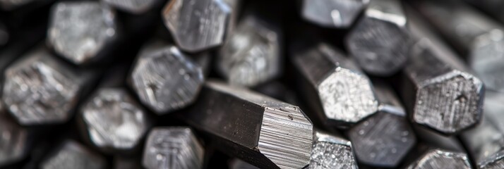 This image features a close-up of many hexagonal lead rods stacked neatly, showcasing their metallic texture and industrial vibe