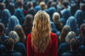 Distinguish yourself from others by showcasing a unique individuality, featuring a woman with blonde hair standing out in a sea of people in an AI-generated image.