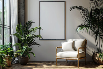 Mockup poster frame above a Slipper Chair in aliving roomhyperrealistic shot, modern interior scanidavian style