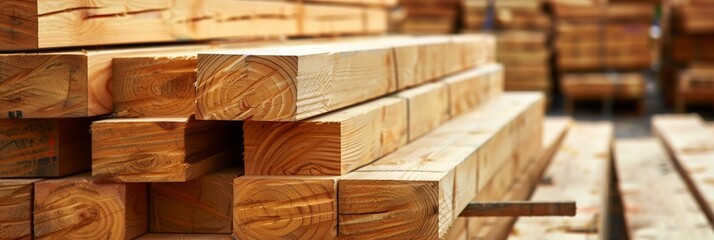 A detailed shot of uniformly cut wooden planks showcasing wood grain at a lumberyard