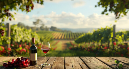Mockup of bottle red wine, a glass and grapes on the background of summer sunset vineyards