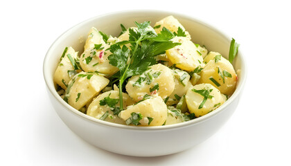 Bowl of tasty Potato Salad with greens on white background