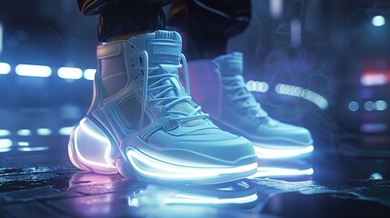 A snapshot of futuristic sneakers with LED soles, showcasing their innovative design and the ability to change colors with each step.