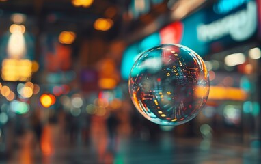A translucent financial bubble floats above a bustling market, reflecting the unseen risks of the economy - obrazy, fototapety, plakaty