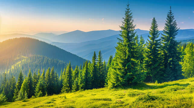Nature background of landscape of towering mountains , Morning in the evergreen forest, light blue sky and fog covers. 