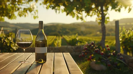 Zelfklevend Fotobehang Mockup of bottle red wine, a glass and grapes on the background of summer sunset vineyards © anatoliycherkas