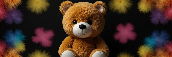 cute colorful teddy bear stuff toy on plain black background from Generative AI - obrazy, fototapety, plakaty