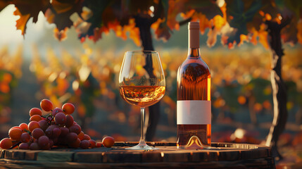 Mockup of bottle rose wine, a glass and grapes on the background of summer sunset vineyards