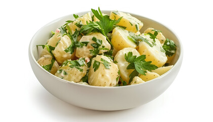 Bowl of tasty Potato Salad with greens on white background