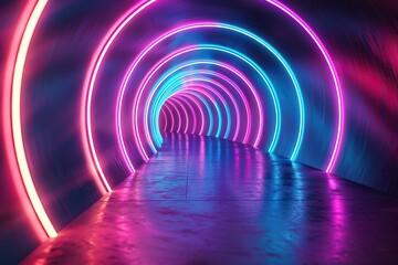 A dark tunnel with neon pink and blue lights.