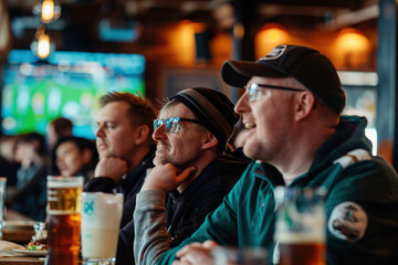 Group of men focused on a live match on the TV screen in a sports bar