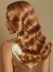 Beautiful woman in profile with long shiny wavy blond hair. Healthy shiny hair texture with streaks