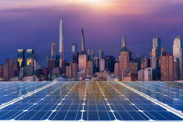 Solar panel over city, solar power green energy for life concept