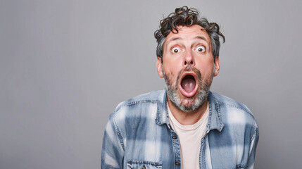 Portrait of surprised man on grey background 