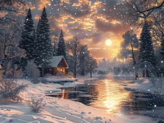 A magical winter wonderland blanketed in snow, with frosted trees glistening in the moonlight and a cozy cabin nestled among the pines snowy retreat The enchanting scene is brought to life with soft  - obrazy, fototapety, plakaty