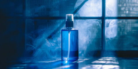 Futuristic Blue Spray Bottle with Misty Vapor in Dark Setting - obrazy, fototapety, plakaty