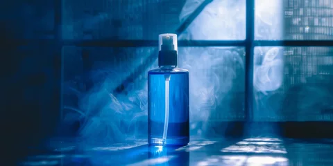 Poster Futuristic Blue Spray Bottle with Misty Vapor in Dark Setting © smth.design