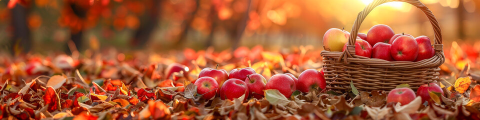 Autumn Harvest: Wicker Basket Full of Red Apples Amidst Fallen Leaves