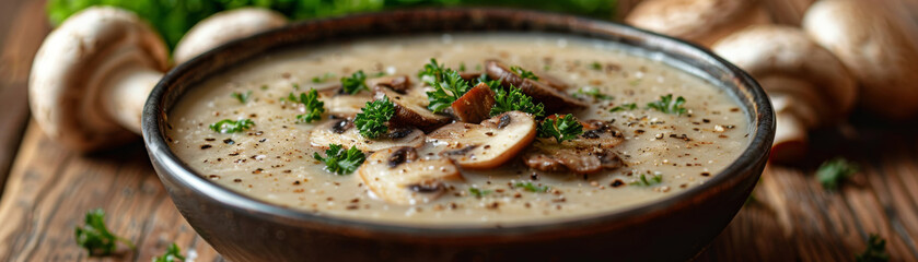 Rustic Mushroom Soup with Fresh Parsley in Earthenware Bowl