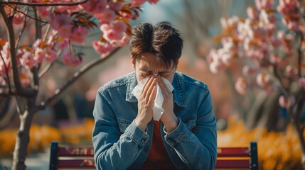 Young man with seasonal allergy in blossoming garden at springtime. Spring allergy concept. - 786427440