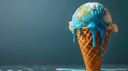 Melting Ice Cream Globe Dripping onto Heated Waffle Cone Earth Symbolizing Global Warming Crisis