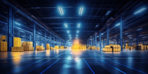 Interior of a modern warehouse storage of retail shop with pallet truck near shelves