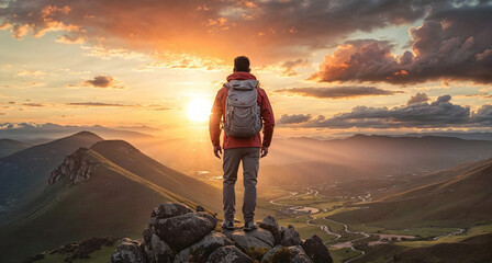 A man wearing a backpack stands on a mountain peak, watching the sun rise over a valley