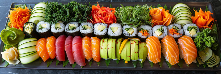 Vibrant Assortment of Sushi and Sashimi on a Rectangular Platter