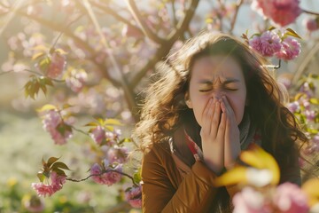 Woman allergic suffering from seasonal allergy on blossoming garden at springtime. Allergy concept