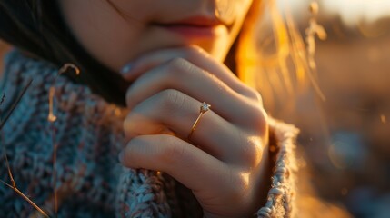 Glistening gold ring adorns young girl s hand, sparkling beautifully in the sunlight