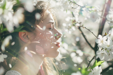 Woman allergic suffering from seasonal allergy on blossoming garden at springtime. Allergy concept