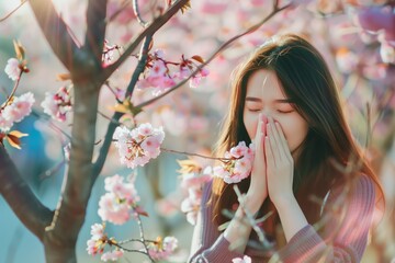 Woman allergic suffering from seasonal allergy on blossoming garden at springtime. Allergy concept - obrazy, fototapety, plakaty