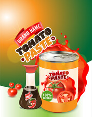 Realistic tomato ads with branded metal can container editable text and images of ripe tomatoes