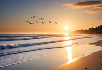 a beach with birds flying over the water at sunset