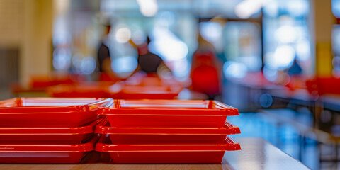 Colorful Stack of Red Lunch Trays in School Cafeteria
