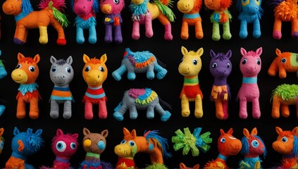 a colorful horse stuff toy in plain black background from Generative AI - obrazy, fototapety, plakaty