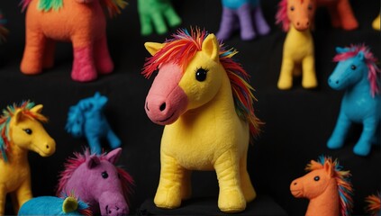 Naklejka premium a colorful horse stuff toy in plain black background from Generative AI