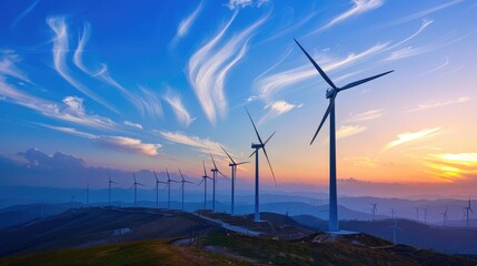 Rows of wind turbines provide power in a beautiful winter evening landscape.