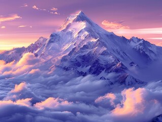 A majestic mountain peak rising above swirling clouds, with the first light of dawn painting the sky in hues of purple and gold alpine splendor Soft, ethereal lighting imbues the scene with a sense - obrazy, fototapety, plakaty